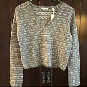 NWT Vince Fair Isle Cashmere V-Neck Sweater Grey Womens Medium